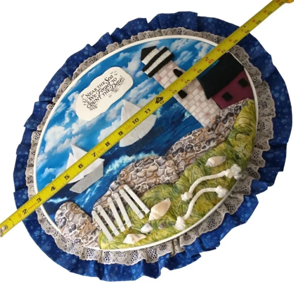 Vtg‎ Handmade Beach Wall Art Near The Sea Quilted Shells Lighthouse Beach House.
